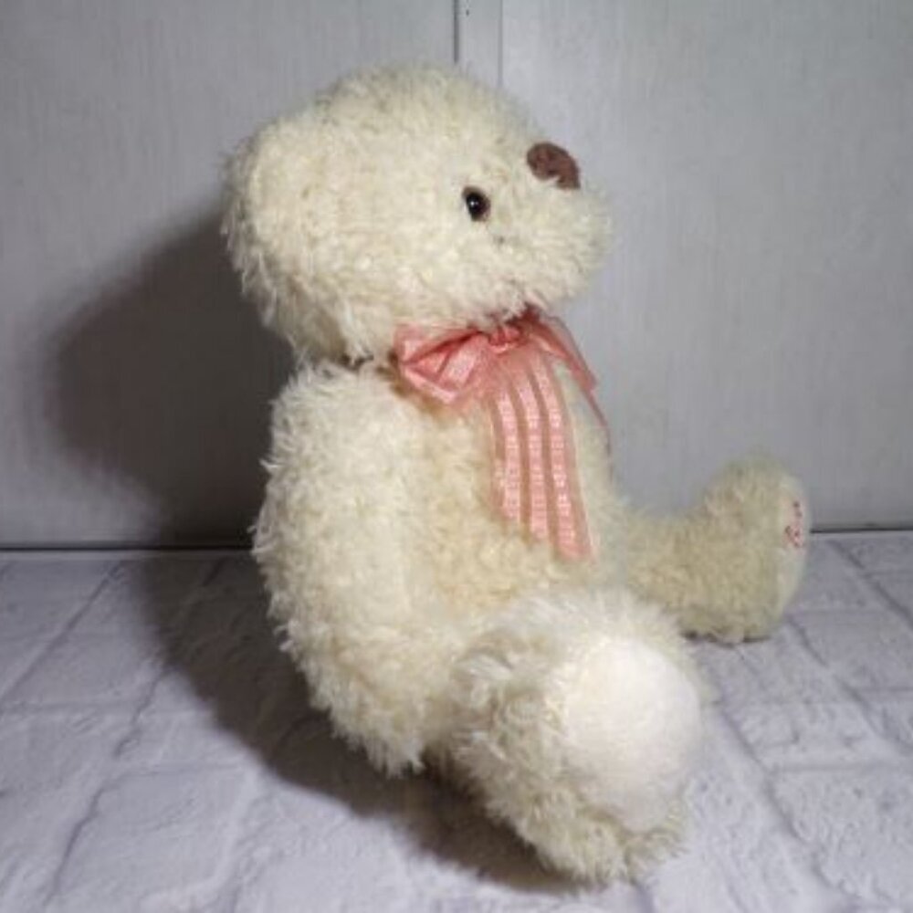 2020 FAO Schwarz Plush Teddy Bear 10" Curly Cream Peach Bow Stuffed Animal - Picture 2 of 6